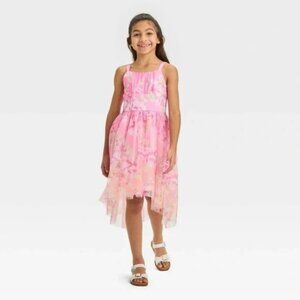 NWT Sleeveless Floral Hi-Low Girls' Pink Dress Mesh Tulle Medium 8